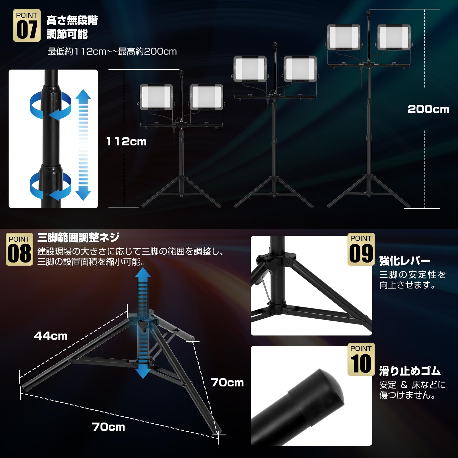 LED投光器 三脚スタンド付き ライト 屋外 作業灯 三面発光広角210度 Amazon.co.jp: 「SUNPIE」LED投光器 三脚スタンド付き ライト
